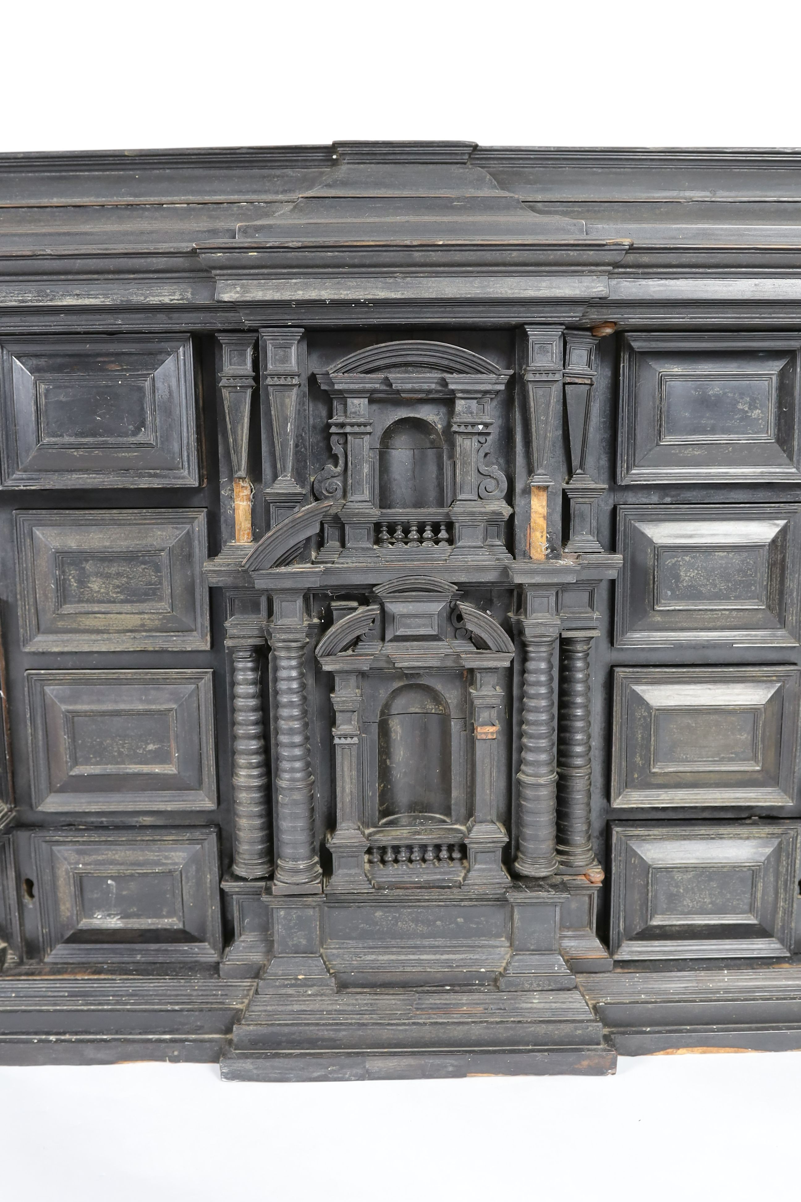 An early 18th century Portuguese ebonised table cabinet, width 87cm, depth 38cm, height 57cm